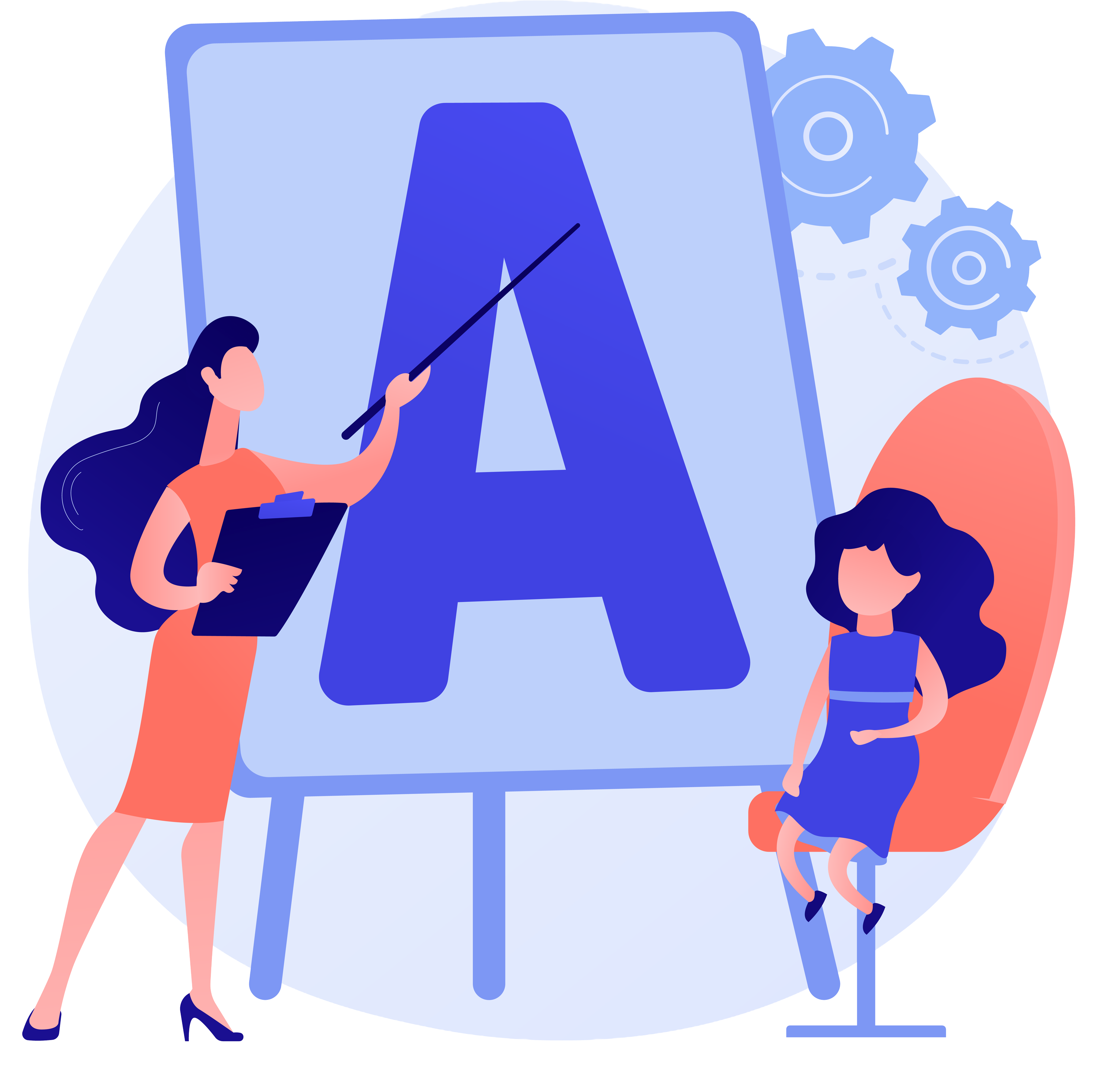 Abstrakte Illustration in den Farben Blau und Rot von zwei Personen beim Lernen