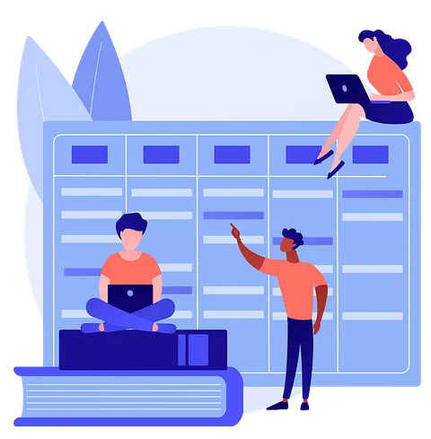 Abstrakte Illustration in den Farben Blau und Rot von zwei Personen vor einer Tafel mit einem Wochenplan