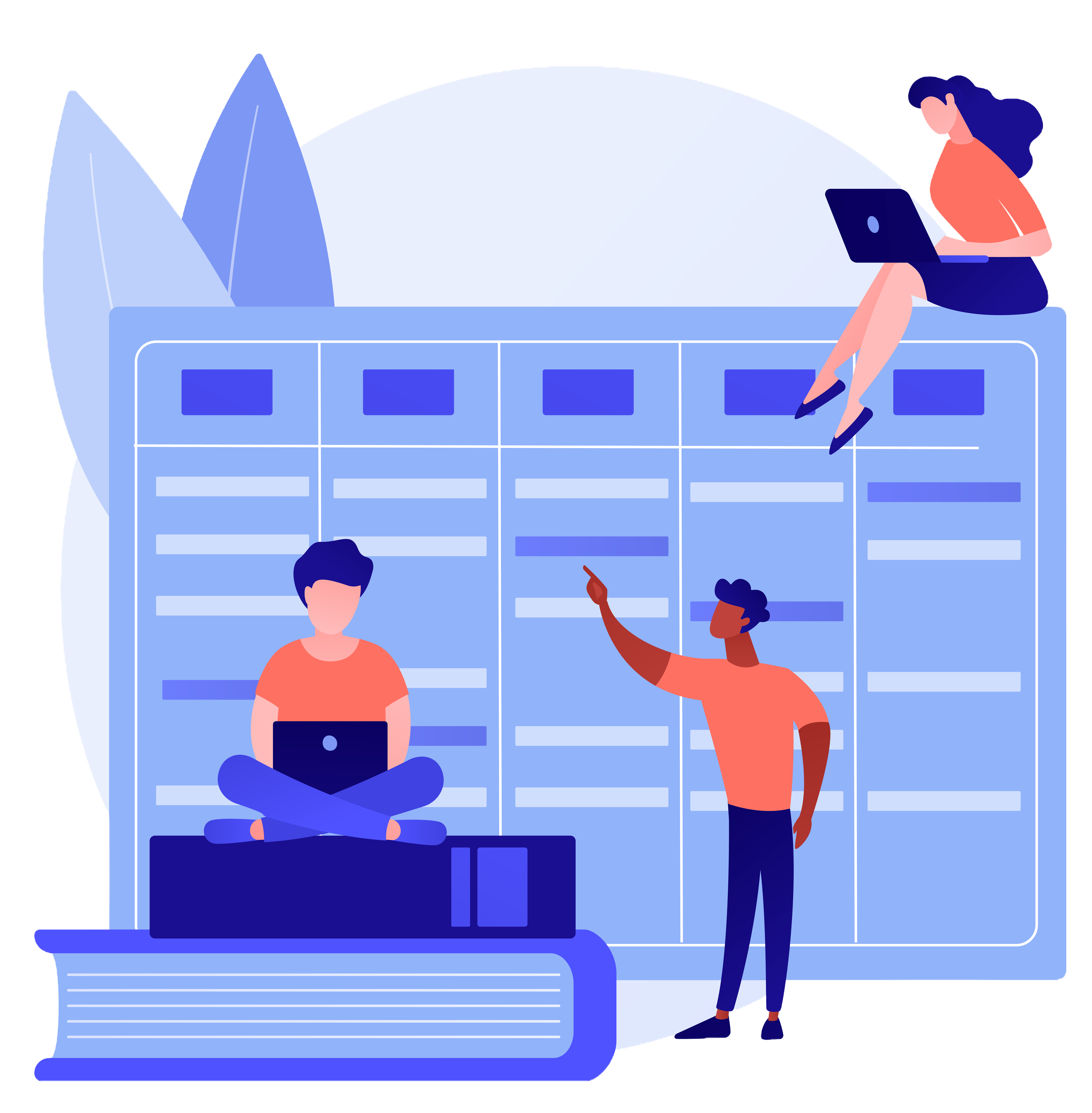 Abstrakte Illustration in den Farben Blau und Rot von zwei Personen vor einer Tafel mit einem Wochenplan