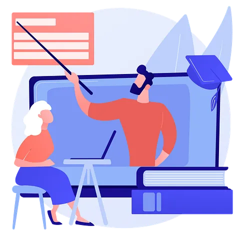 Abstrakte Illustration in den Farben Blau und Rot von zwei Personen beim Lernen