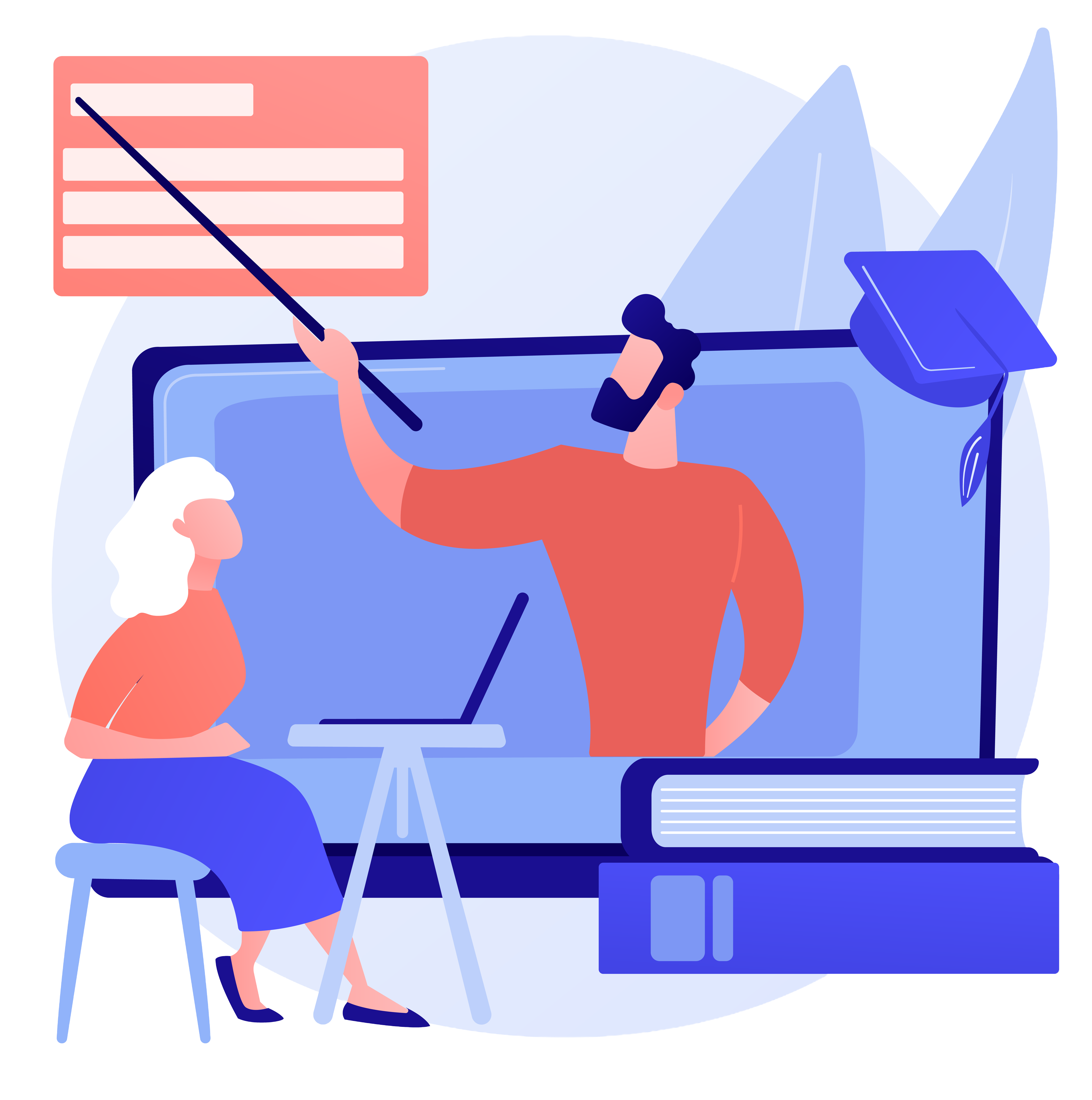 Abstrakte Illustration in den Farben Blau und Rot von zwei Personen beim Lernen