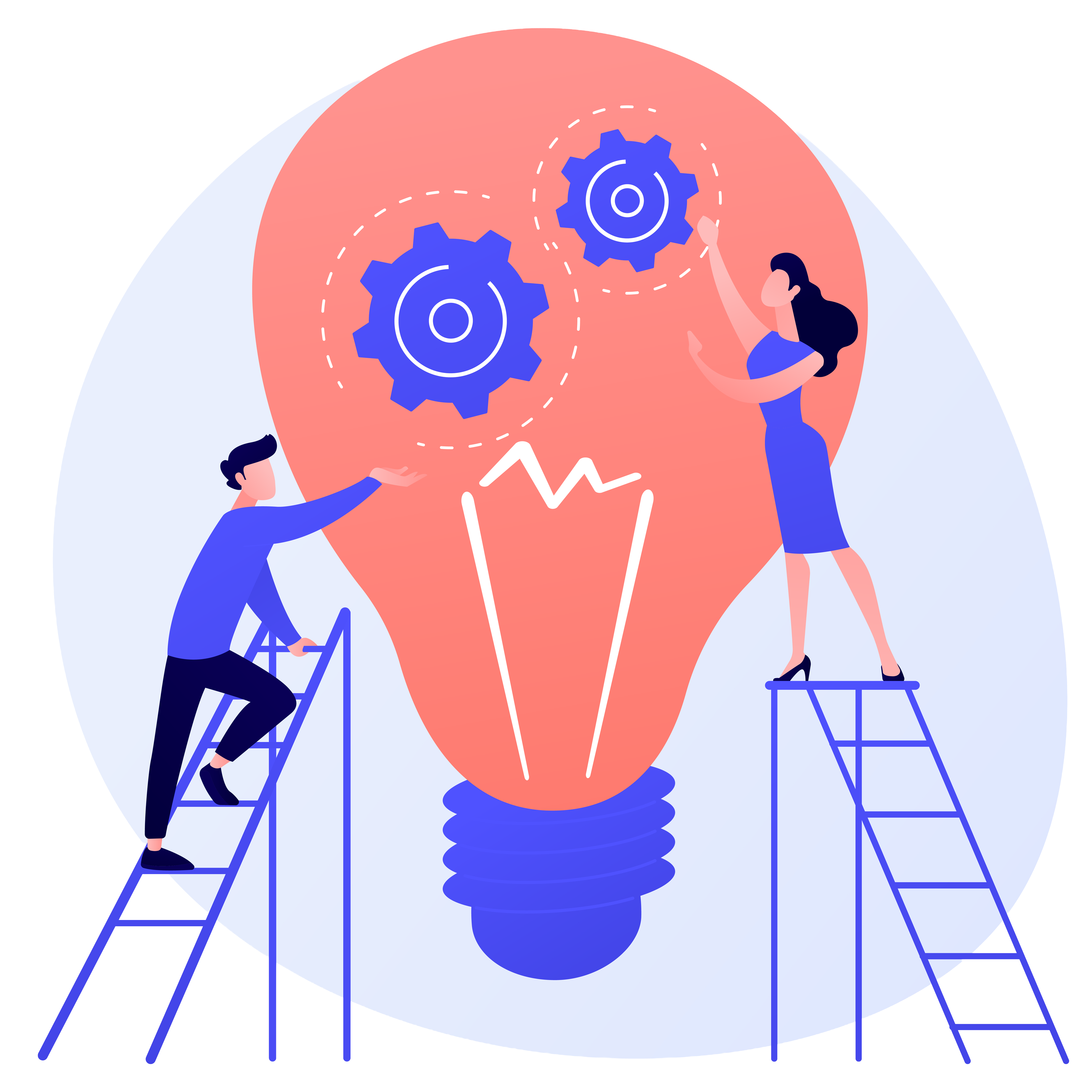 Abstrakte Illustration in den Farben Blau und Rot von zwei Personen auf einer Leiter an einer großen Glühbirne