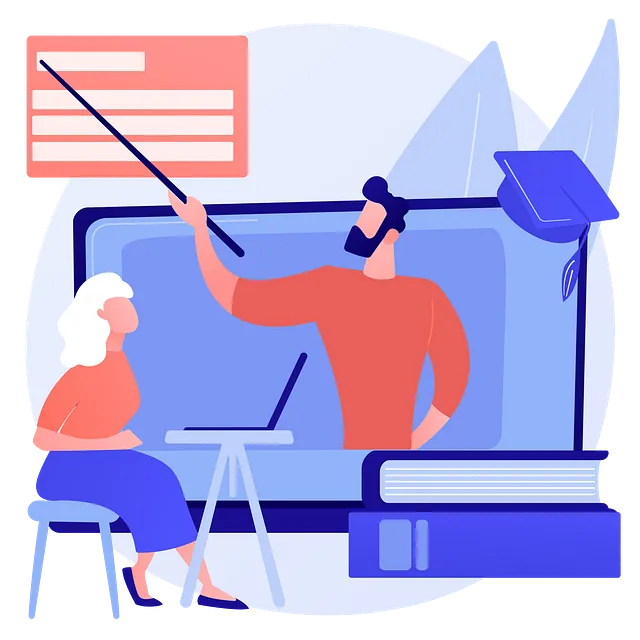 Abstrakte Illustration in den Farben Blau und Rot von zwei Personen beim Lernen