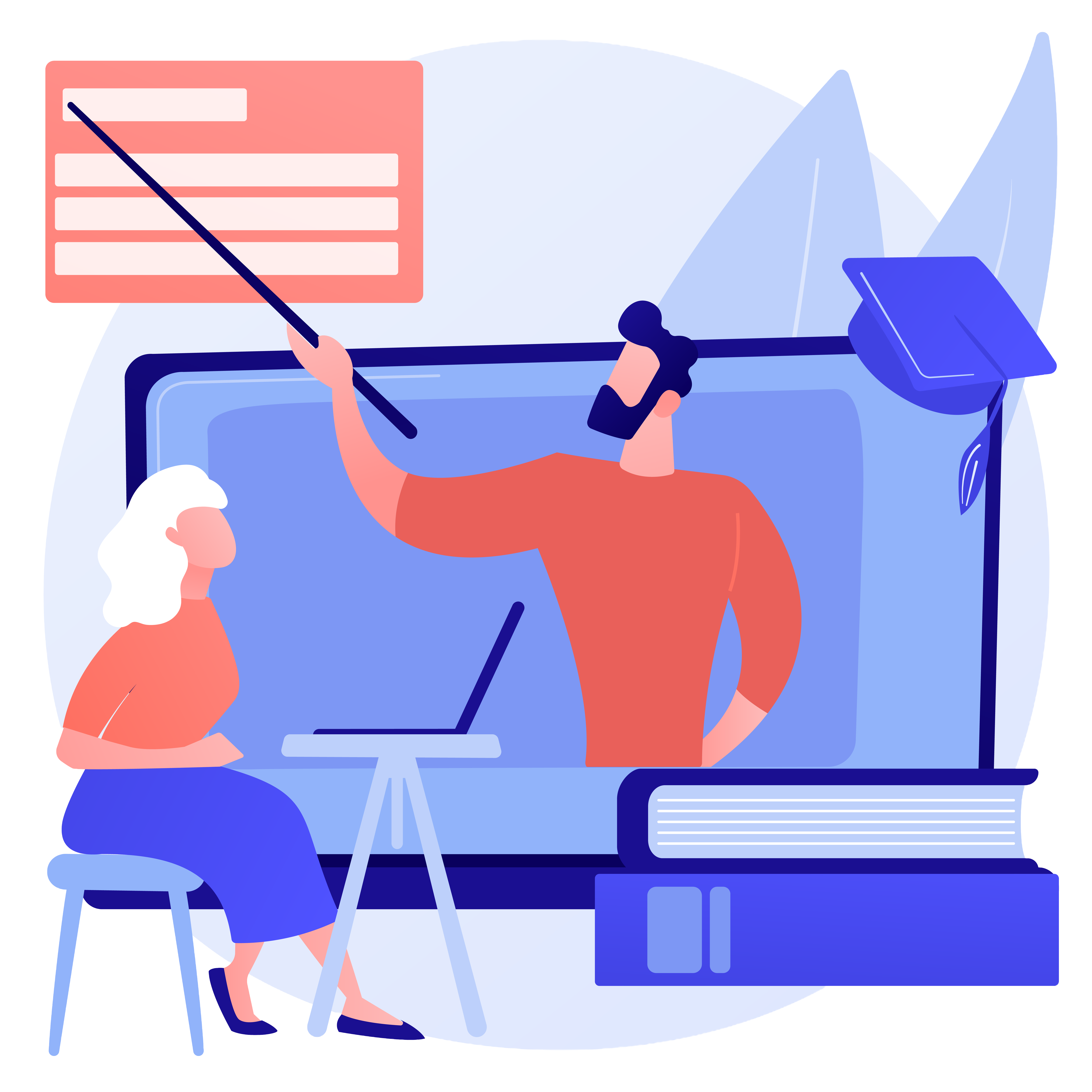 Abstrakte Illustration in den Farben Blau und Rot von zwei Personen beim Lernen