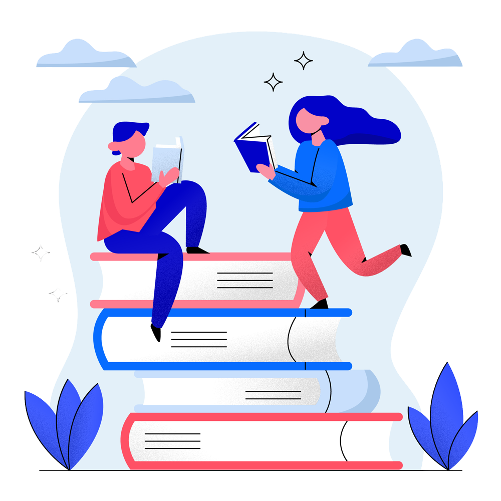 Abstrakte Illustration in den Farben Blau und Rot von zwei Personen die Bücher lesen