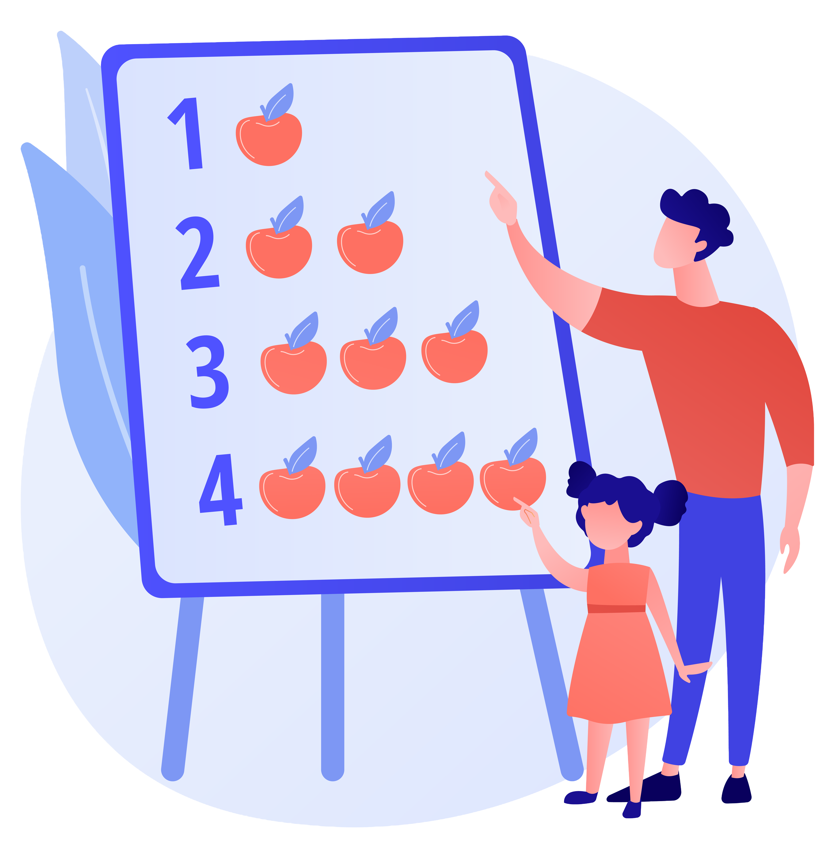 Abstrakte Illustration in den Farben Blau und Rot von zwei Personen beim Lernen vor einer großen Tafel
