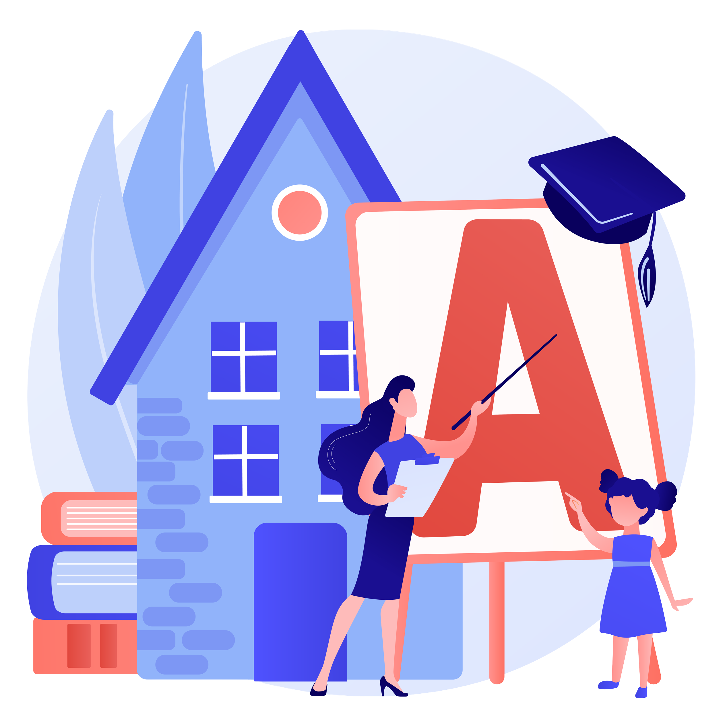 Abstrakte Illustration in den Farben Blau und Rot von zwei Personen beim Lernen